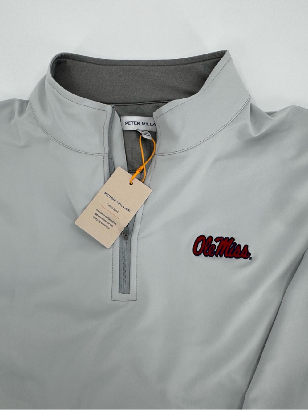 SIP EMBROIDERED SLEEVE! Peter Millar Ole Miss British Grey Quarter-Zip!  XL- NWT